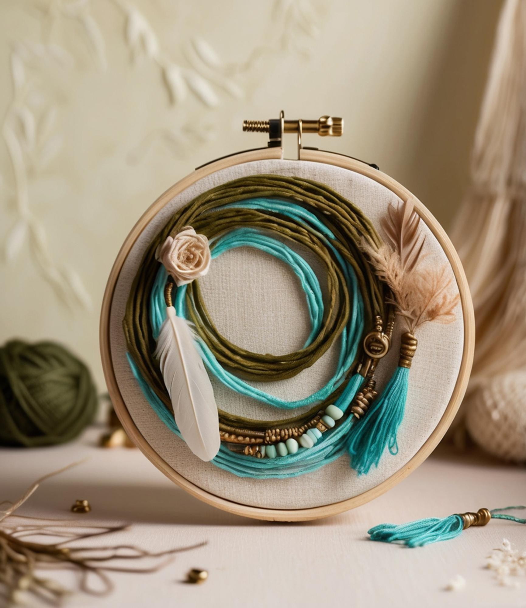 Close-up gold thread embroidery on cream linen